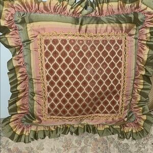 Elegant 20”X20” Euro size Ruffled Bed or Floor Seat Throw Pillow Sage and Salmon